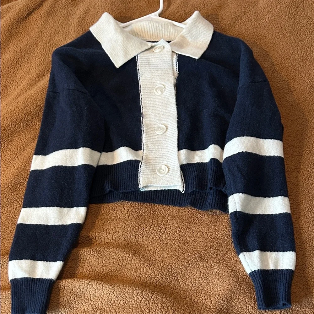 Navy and Cream Striped Button-Up Sweater - Picture 7 of 8